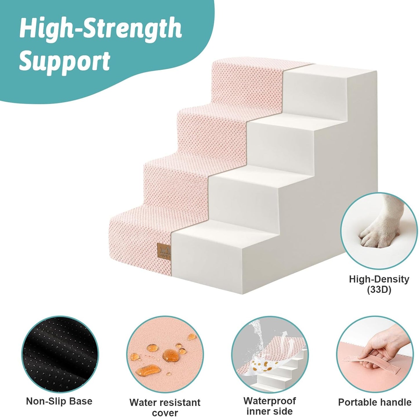 COZY KISS Dog Stairs for Small Dogs, 4 Tier Wider Pet Stairs for Couch and Beds, 17.7" H Non-Slip Dog Steps for Old Cats, Puppy, Small Medium Dogs, 17.7x23.6x17.7 inch, Beige