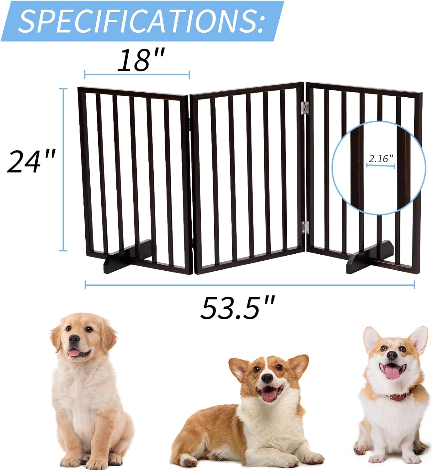 Outvita Freestanding Dog Gate, 24" H Foldable Wooden Pet Barrier Fence,3-Panel Pet Fence with Support Feet for Stairs，Hallways,Doorways, Walnut