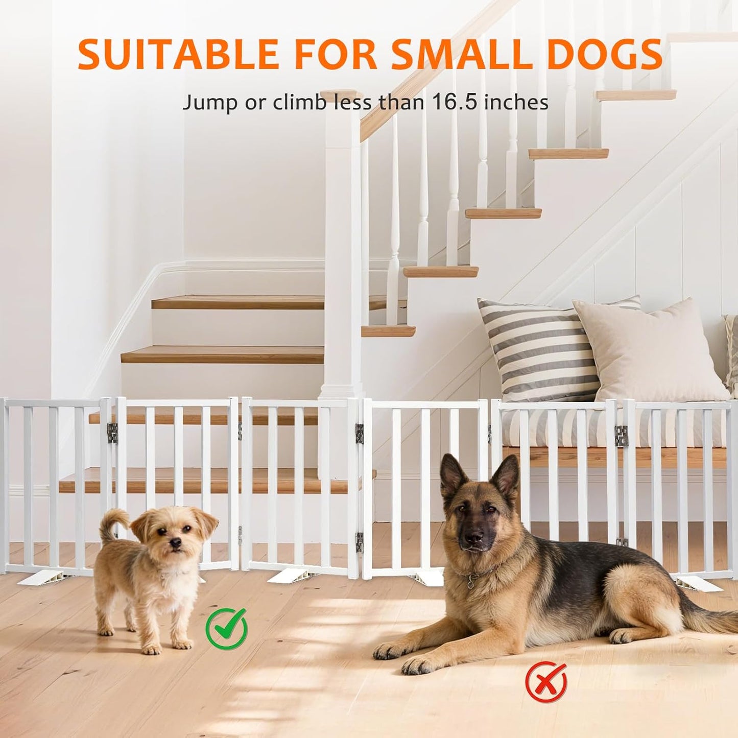Snagle Paw Short Dog Gate,16.5" Tall Freestanding Metal Dog Gate Only for Small Dogs with Support Feet Easily Step Over,Up to 48" Wide Puppy Gate Indoor for Stairs,Doorways(Black,4 Panel)