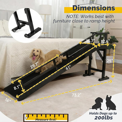 Dog Ramp for Bed or Couch, Wooden Pet Ramp with 20° Gentle Slope, Removable Side Rails, Non-Slip Surface, Top Platform & Wheels, Safe Bed Ramp for Small, Large & Senior Dogs, 60" Long, Mahogany