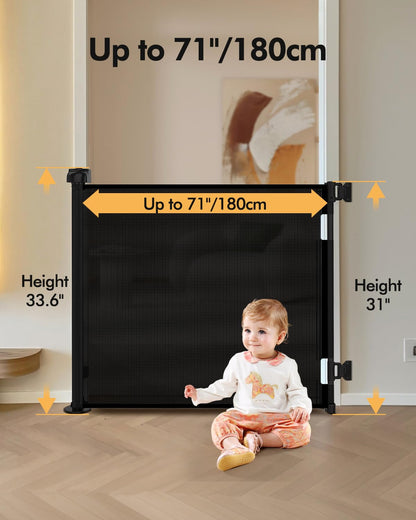 Retractable Baby Gate for Stairs & Doorways, 55" Wide x 33.6" Tall Easy Installation Mesh Dog Gate for Indoor & Outdoor Use,Pet and Dog Safety Gate for Hallways(Grey)