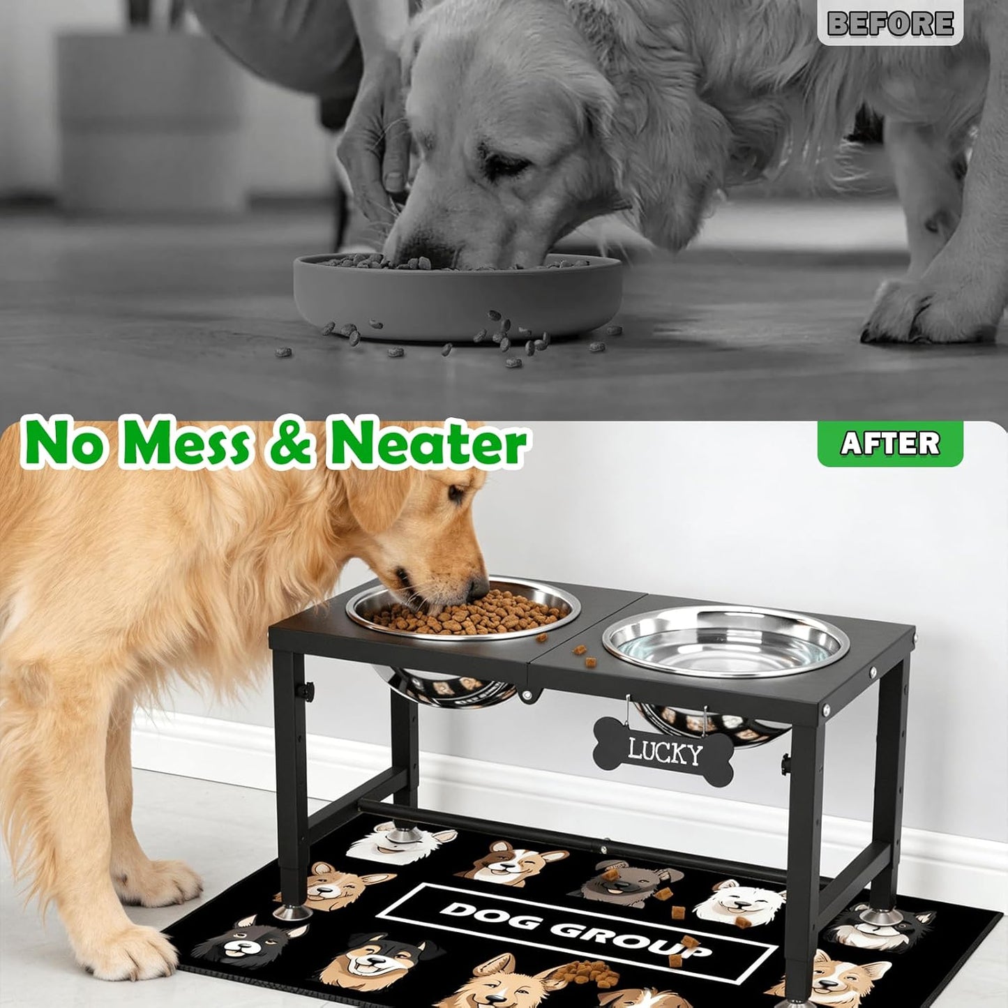 SHAINFUN Metal Elevated Dog Bowls Stand for Large Dogs with Mat & Three 58oz Food Water Bowls, Adjustable Height Raised Dog Bowl Stand