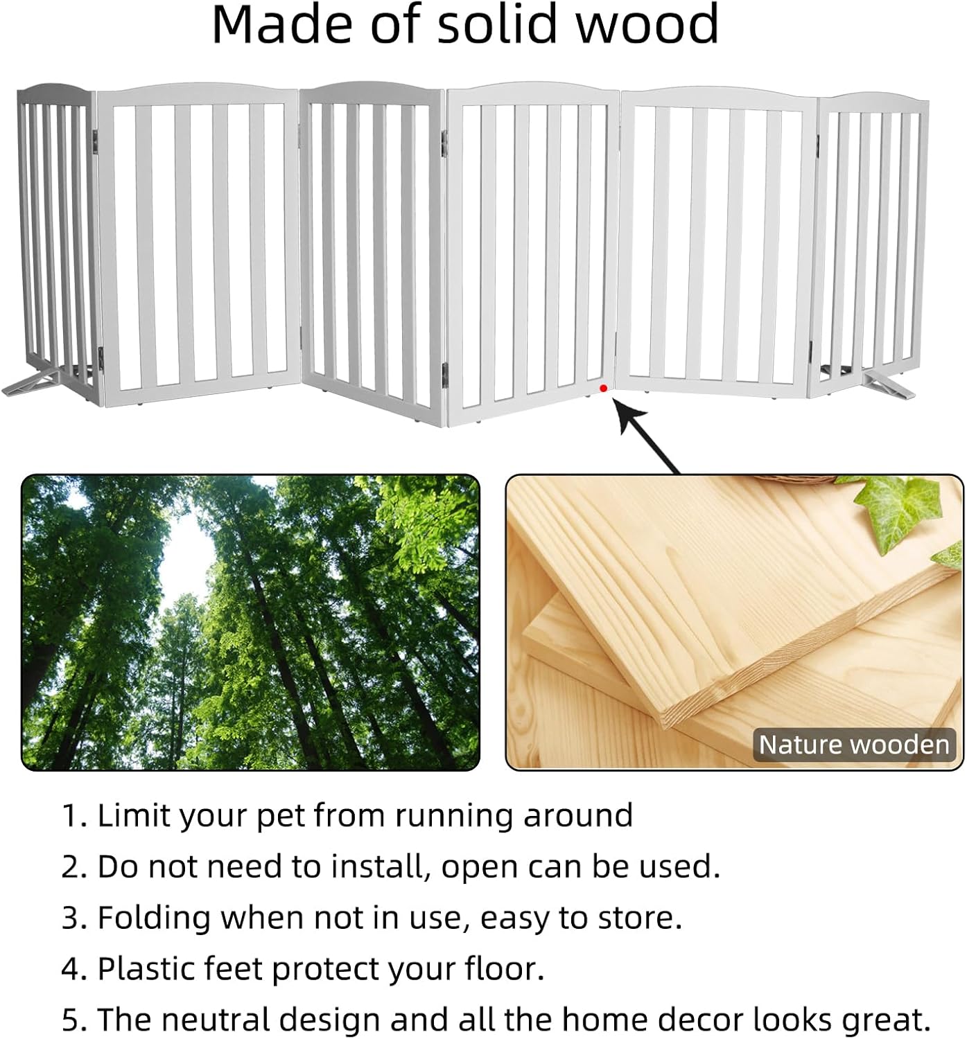 Freestanding Dog Gate Indoor,Doggie Gate Foldable Dog Gates for Doorways,Stairs or Hallways, Wooden White Pet Gate for the House, Pet Fence with Support Feet Included,24 "Height-4 Panels