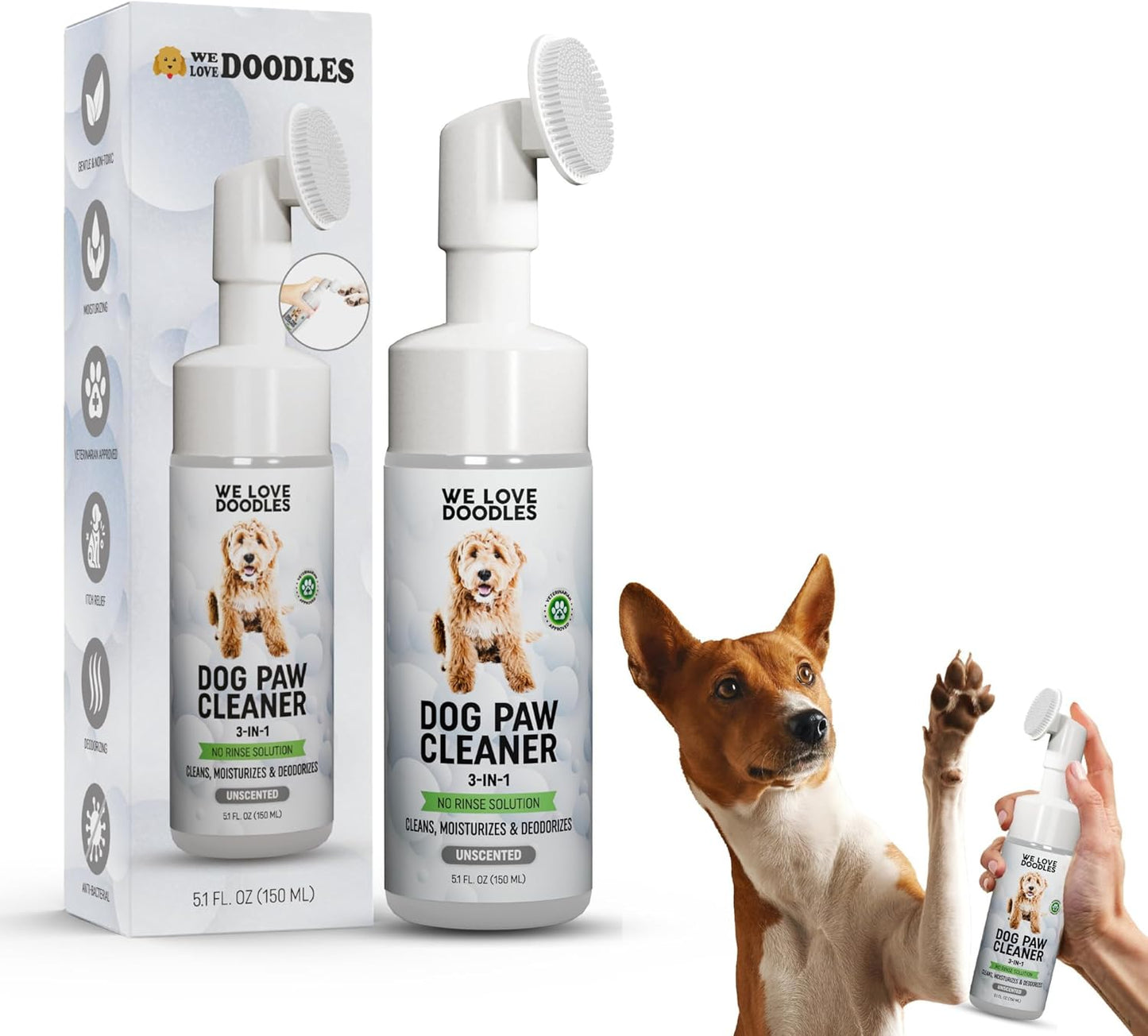 We Love Doodles No-Rinse Dog Paw Cleaner with Built-in Silicone Bristle Brush | 3-in-1 Dirty Paw Washer Foaming Foot Cleaner for Muddy Pet| Gentle Moisturizing Waterless Shampoo - Lavender | 5 fl oz
