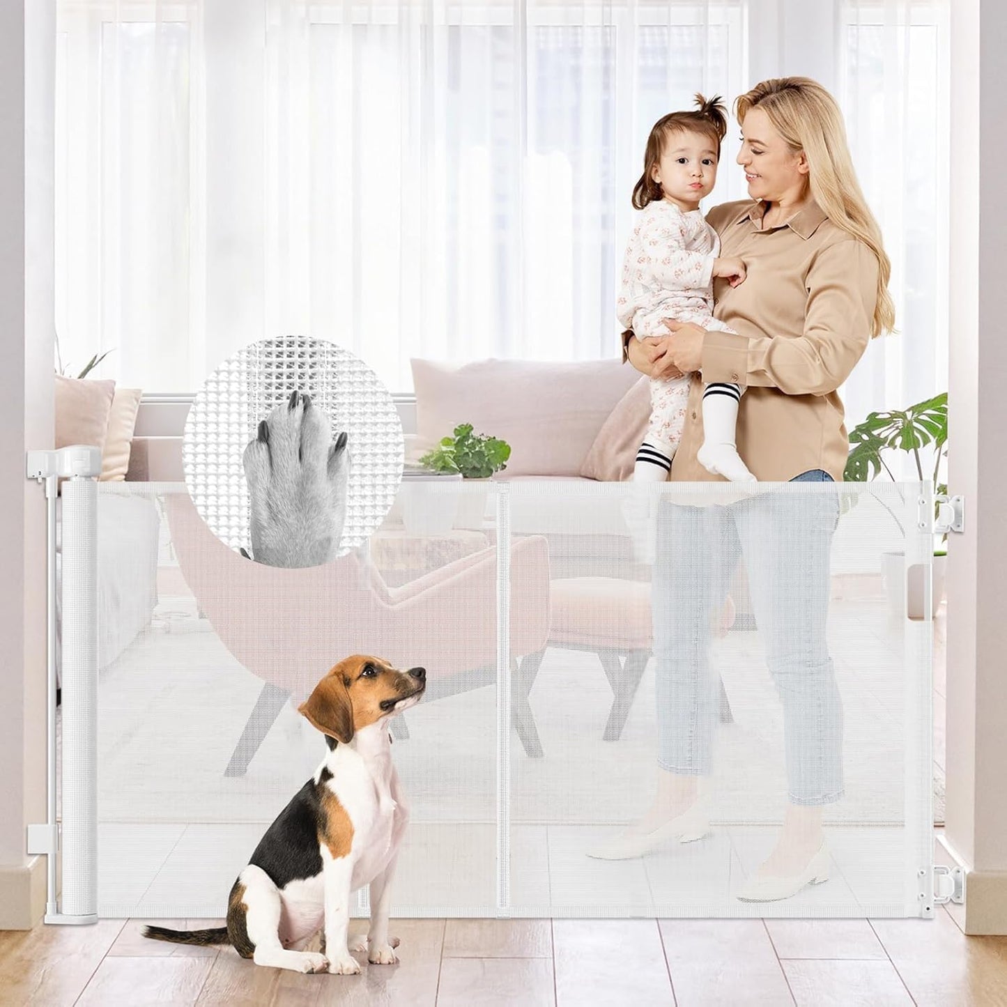 Reinforced 85 Inch Wide Retractable Dog Gate Extra Long Baby Gate with Support Rods – Prevent Crawling Under, Indoor Extra Wide Retractable Baby Gate Retractable Gate Outdoor Gates for Decks, White