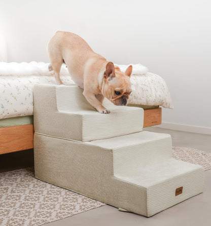 Made4Pets Dog Steps for Bed, Extra Wide Dog Stairs for High Bed Couch Sofa, 35D Foam Pet Steps for Small Dogs and Cats(Up to 40lbs), Non-Slip Bottom Pet Stairs, Tan, 4 Steps