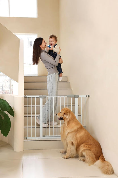 44.72"-46.89" Baby and Pet Safety Gate, 30" Tall Metal Walk-Thru Gate for Doorways & Stairs, Easy One-Hand Open, Dual Lock, Extensions & Wall Mounts Included (Brown, 29"-46" W x 30.5“H)
