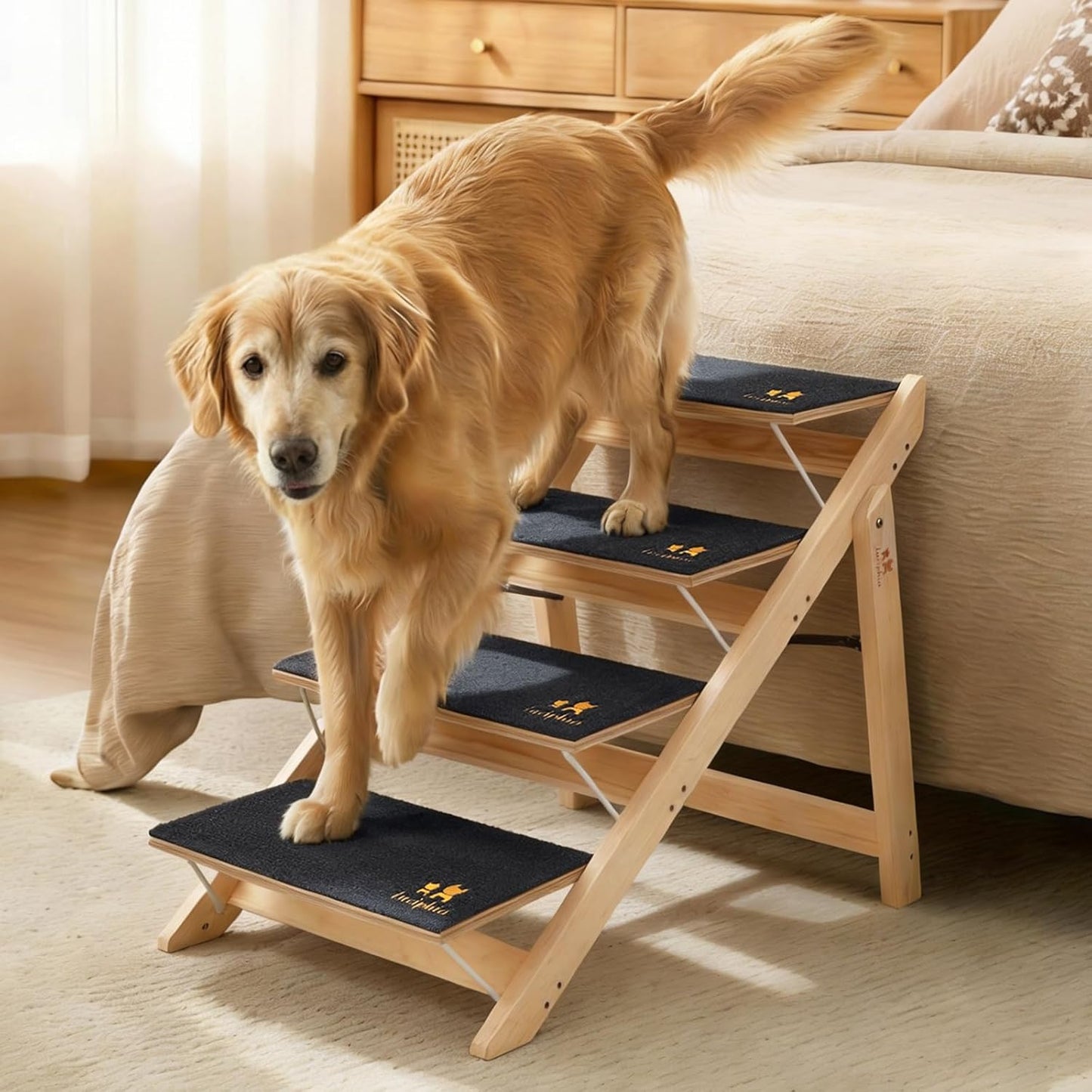 Luciphia Wooden Dog Stairs for Small Dogs 2-in-1 Foldable Dog Steps for Beds Cars Couch Anti-Slip Pet Ramp with 3 Steps Indoor Pet Stairs for Medium Large Older Pets Cats up to 220lbs