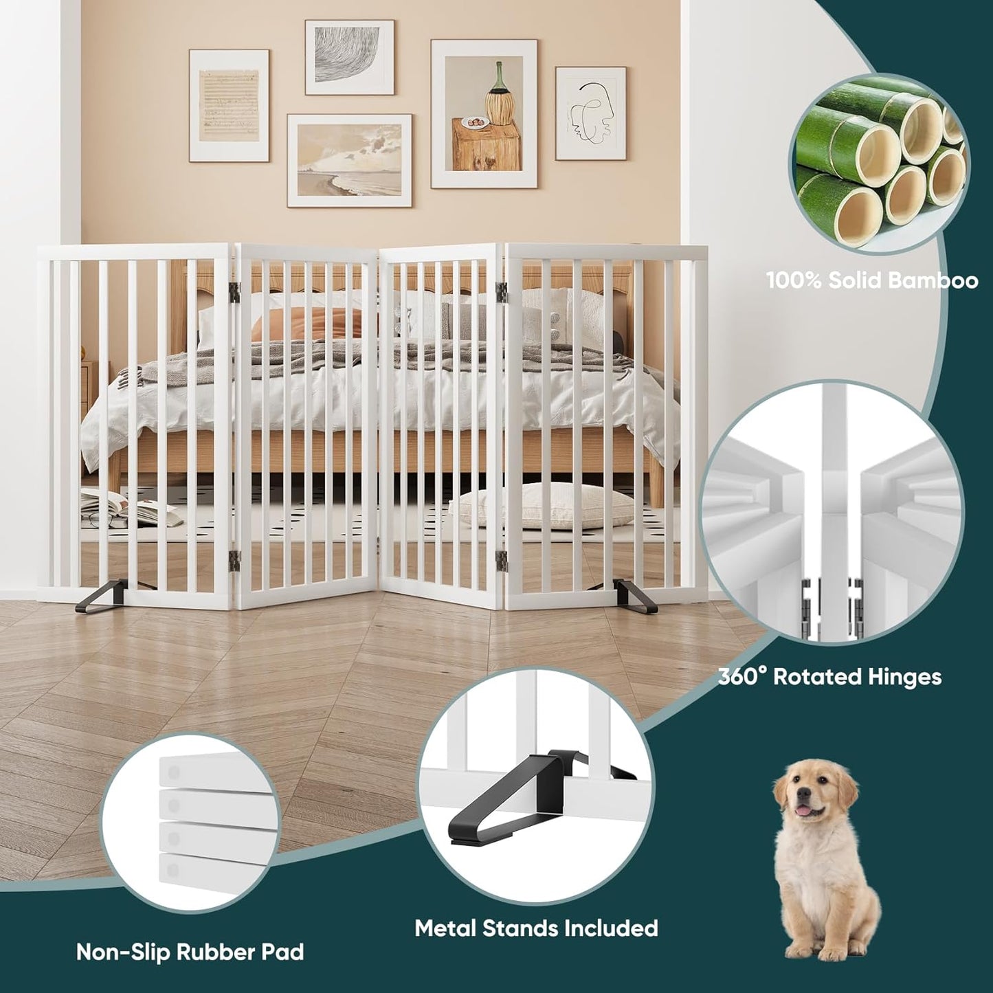 Freestanding Dog Gates Indoor, 3-Panel Pet Gates with 2 Metal Stands and 360° Hinge, 24" H Foldable Dog Gate for Stairs, Doorway, Kitchen, Expands Up to 55" Fully Assembled - Black Walnut