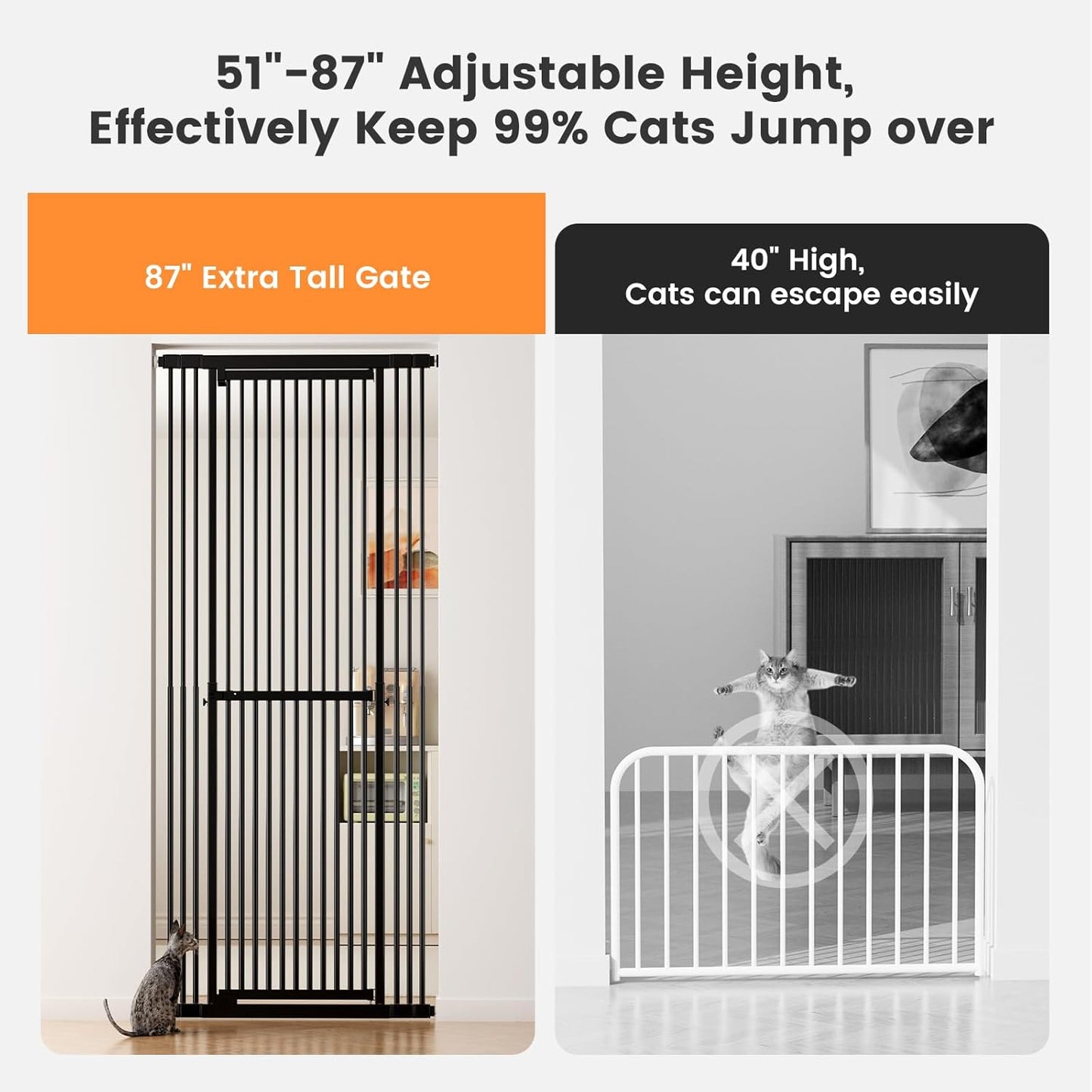 Gardner Pet 51"-87" Extra Tall Cat Gate for Doorway, Wide Adjustable 27.56"-37" Baby Gate Included 4 Extension Kits, Pressure Mounted Safety Full Door Gate for Stairs, Studio, Kitchen (White)