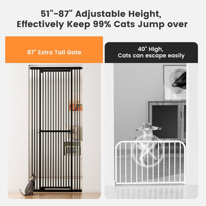 Gardner Pet 51"-87" Extra Tall Cat Gate for Doorway, Wide Adjustable 27.56"-37" Baby Gate Included 4 Extension Kits, Pressure Mounted Safety Full Door Gate for Stairs, Studio, Kitchen (White)