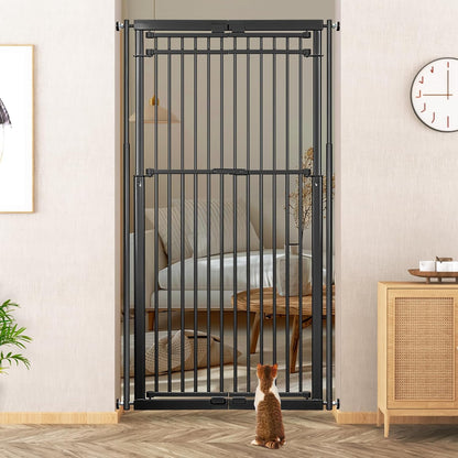 78.8" Extra Tall Cat Gate, 28.3-33" Wide Safety Metal Cat Door, Pressure Mounted Easy Walk Through Pet Gate with Door for Stairs, Doorways, Black