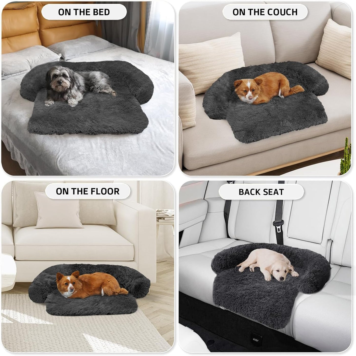 Calming Dog Bed Fluffy Plush Dog Mat for Furniture Protector with Removable Washable Cover for Large Medium Small Dogs and Cats (Large, Light Grey)