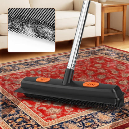 FUNNSOO Rubber Broom with Squeegee for Pet Hair Removal, 52" Adjustable Carpet Rake, Reusable Floor & Carpet Cleaning Tool, Includes Microfiber Cloth and Pet Hair Comb