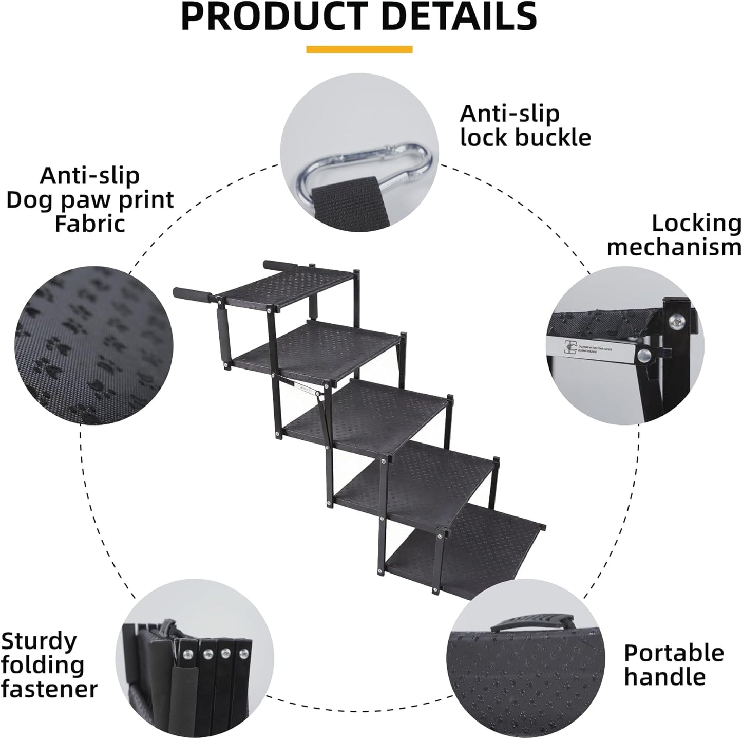 Dog Stairs 5 Steps Foldable Dog Ramp with Non-Slip Surface, Portable Dog Steps for Cars,SUV and Truck, Supports up to 250 lbs