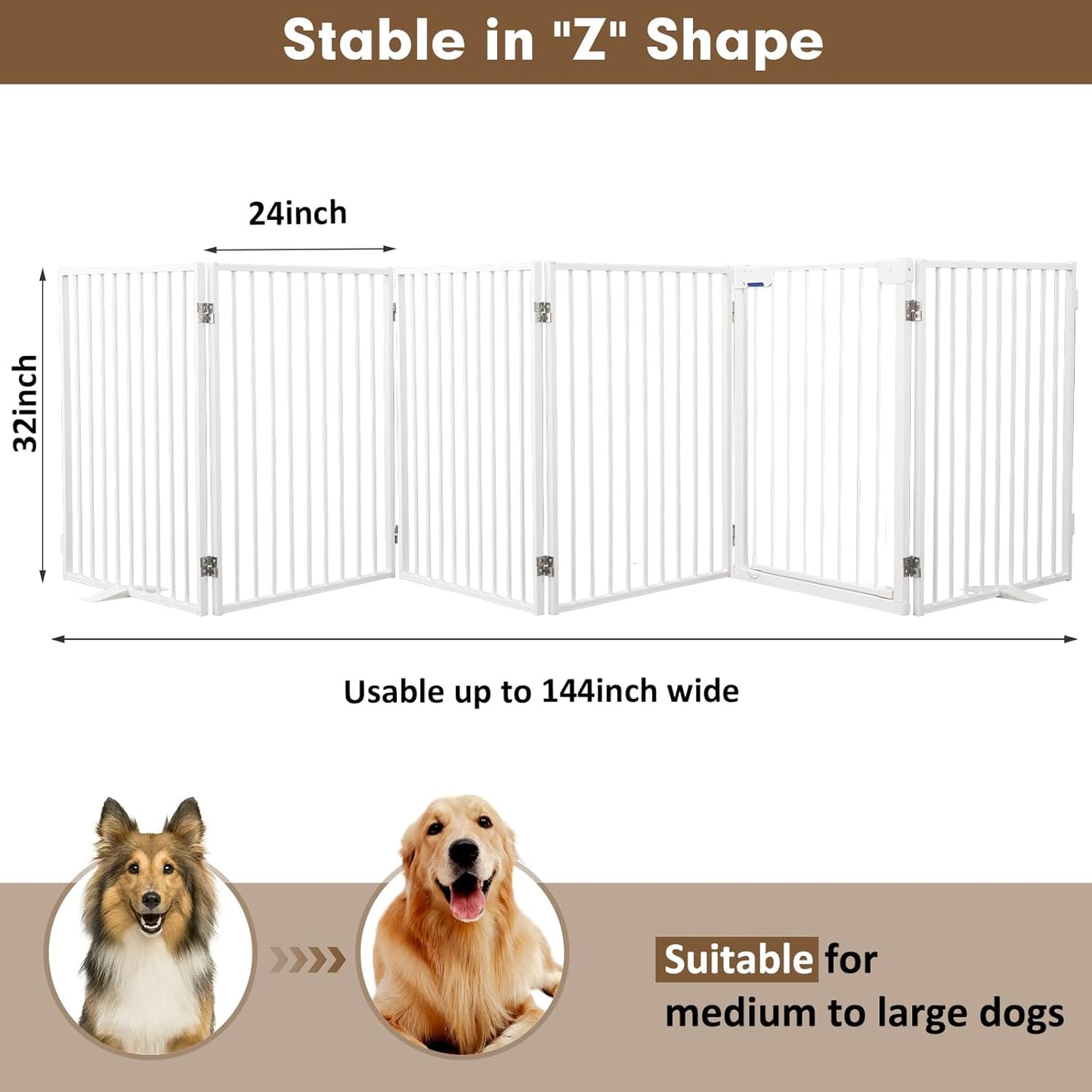 Metal Freestanding Dog Gates,Extra Wide 24", 32" Height Foldable Dog Fence for Indoor & Outdoor, Heavy Duty Freestanding Pet Barrier for Stairs, Doorways, Halls, Kitchen,Yard