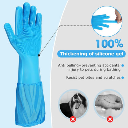 Dog Washing Gloves | Pet Grooming Gloves | Extra Long Arms (17.3") for Cats & Dogs | Massage & Hair Removal Pet Glove (Hazy Blue)