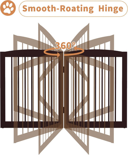 PUPETPO Freestanding Dog Gate with Door, Pet Gate for Stairs, 80 inch Wide Pet Barrier Indoor, Dog Fences Indoor, Support Feet Included, 4 Panels, 24" Tall, Dark Brown
