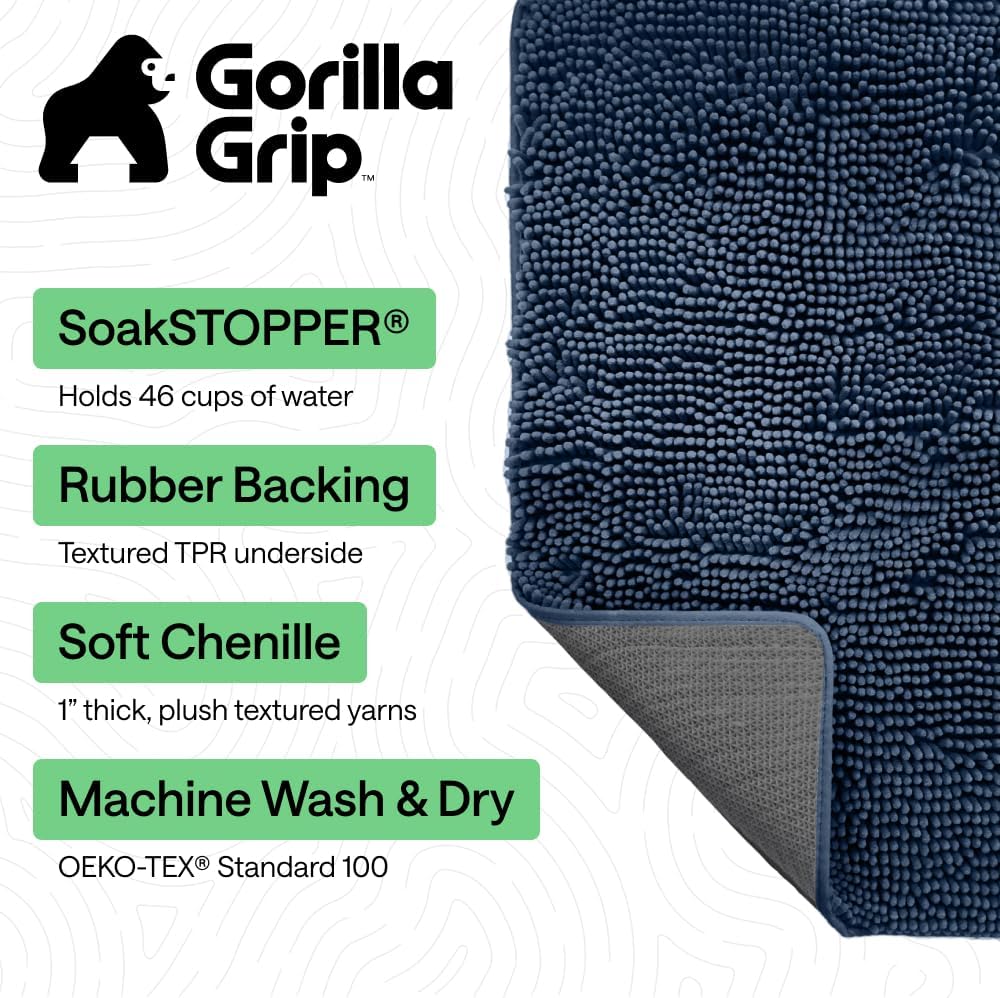 GORILLA GRIP SoakSTOPPER Dog Door Mat, 30x20 Machine Washable Rug Absorbent Doormat Captures Moisture Mud Dirt, Quick Dry Soft Chenille Entryway Rugs Indoor Entrance Mats for Dog Paws, Paw Grey