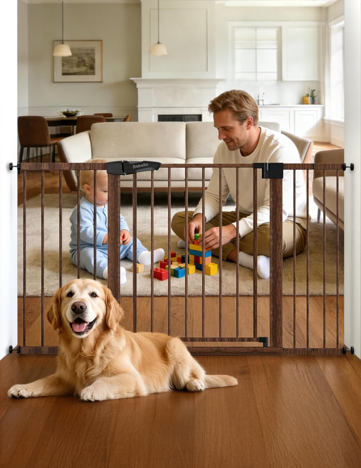 Babelio 29-55 Inch Extra Wide Baby/Dog Gate, PressGuard P7, Metal Auto Close, Pressure Mounted Pet Door for Doorways, NO Need Tools and Drilling, with Wall Cups, White