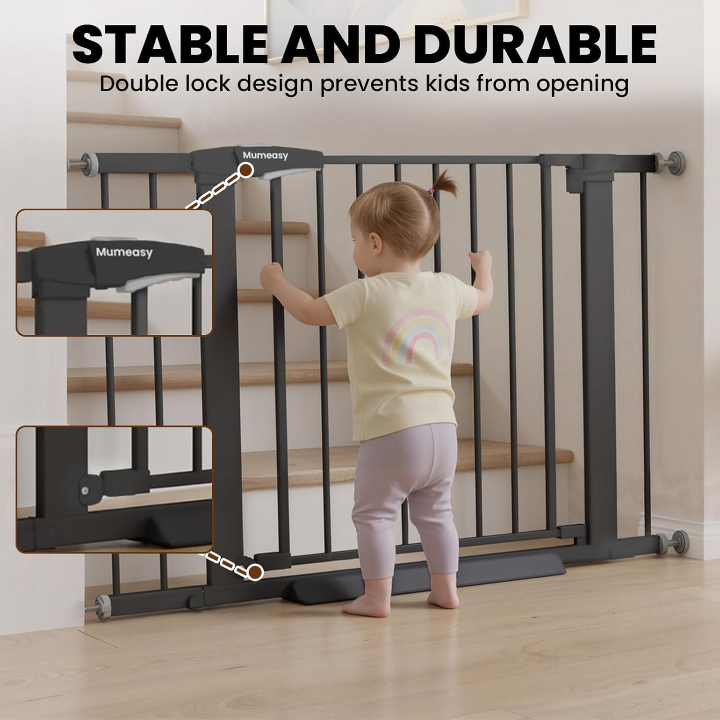 Baby Gate for Stairs, 29.7-40.6" Auto Close Dog Gate Indoor for Doorways, Dual-Lock Design, Adjustable Pet Gate No Drilling with Walk Thru Door for Hallways, Stroller Friendly, Black