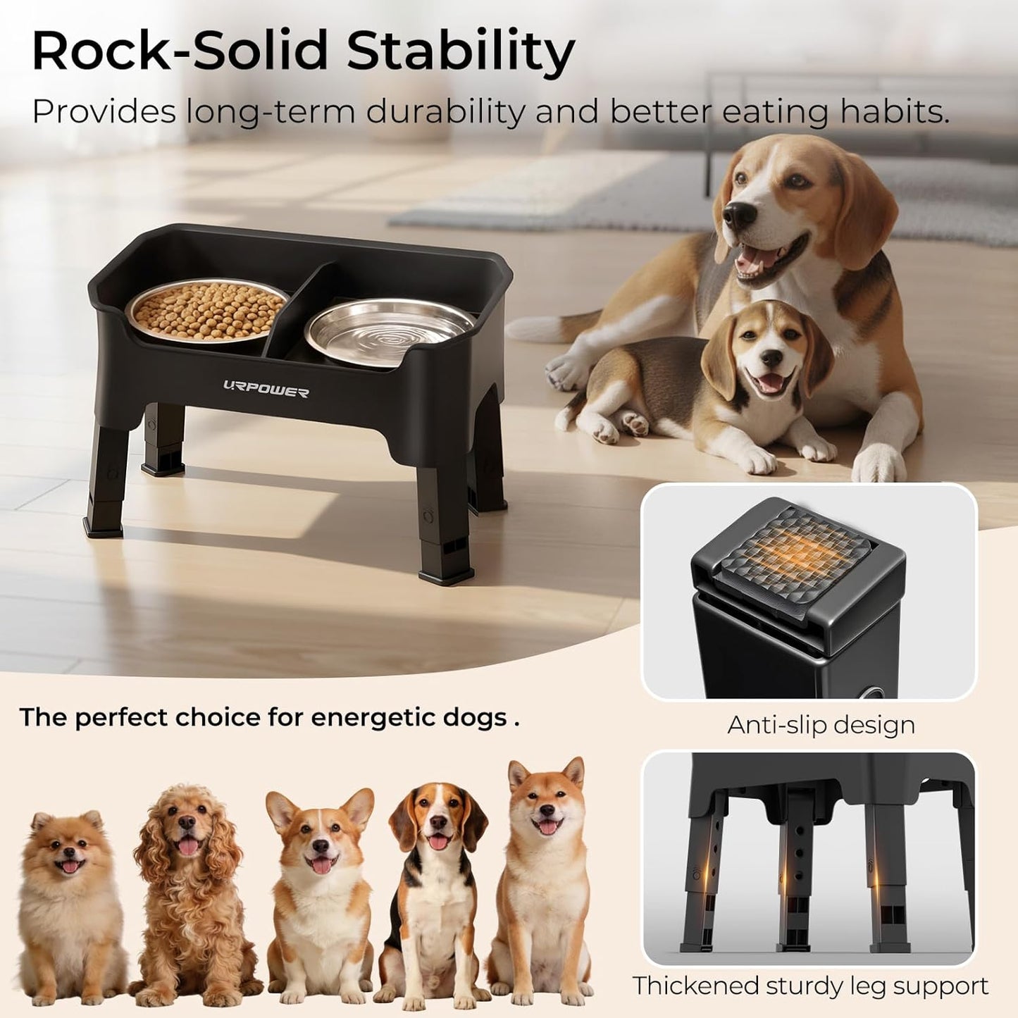 URPOWER 3-in-1 Elevated Dog Bowls - Mess Proof Double Deck 4 Height Adjustable Raised Stand with 2 Stainless Steel Food Bowls & Licking Plate for Small, Medium & Large Dogs