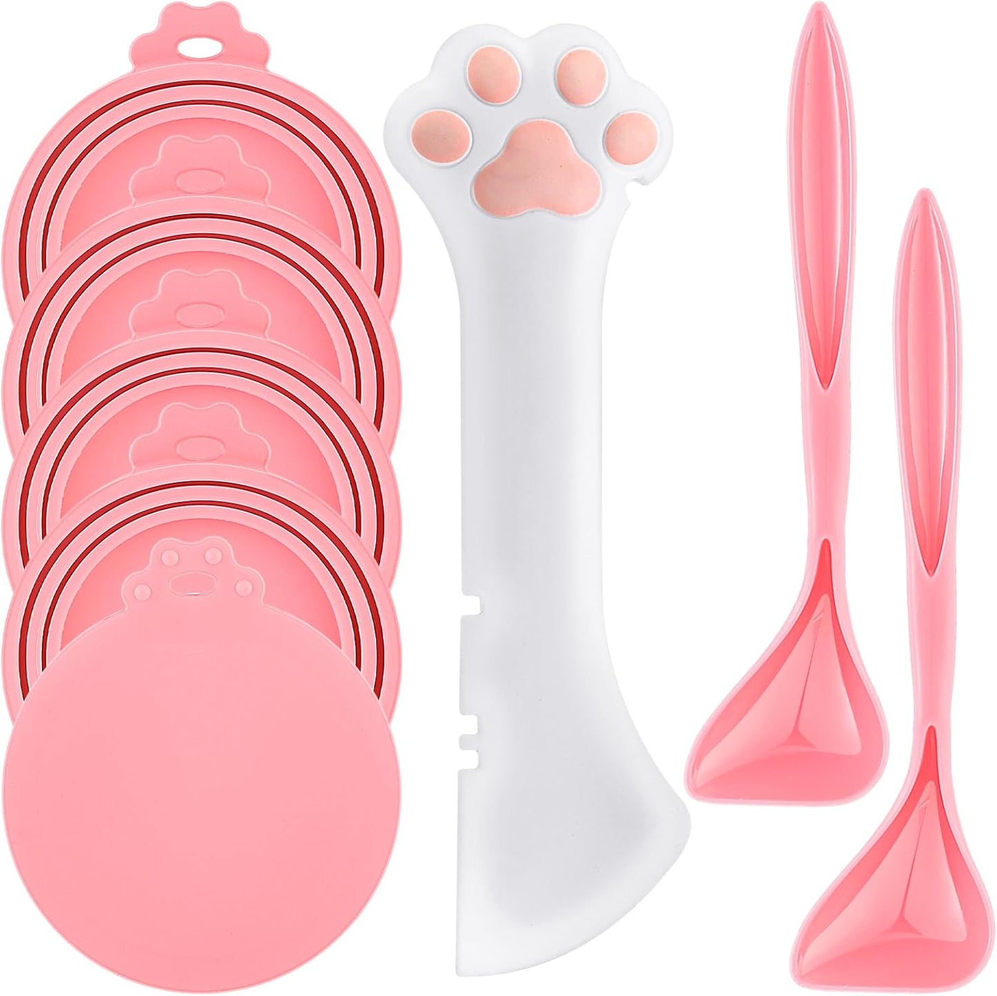 Uiifan 8 Pcs Cat Food Can Covers Lids Set, Silicone Pet Food Can Lids with Multi-Function Cat Foods Spoon and Opener, Silicone Wet Foods Spoon for Cats and Dogs(Pink)