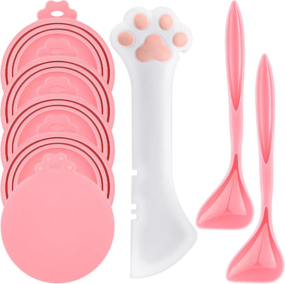 Uiifan 8 Pcs Cat Food Can Covers Lids Set, Silicone Pet Food Can Lids with Multi-Function Cat Foods Spoon and Opener, Silicone Wet Foods Spoon for Cats and Dogs(Pink)