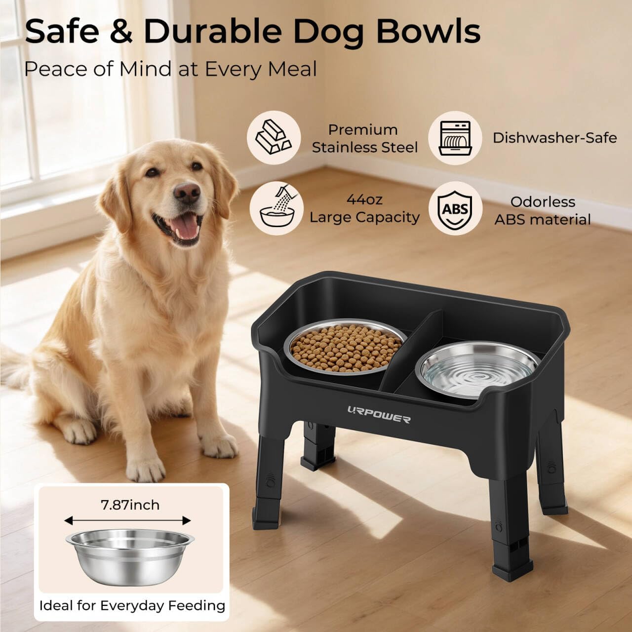 URPOWER 3-in-1 Elevated Dog Bowls - Mess Proof Double Deck 4 Height Adjustable Raised Stand with 2 Stainless Steel Food Bowls & Licking Plate for Small, Medium & Large Dogs