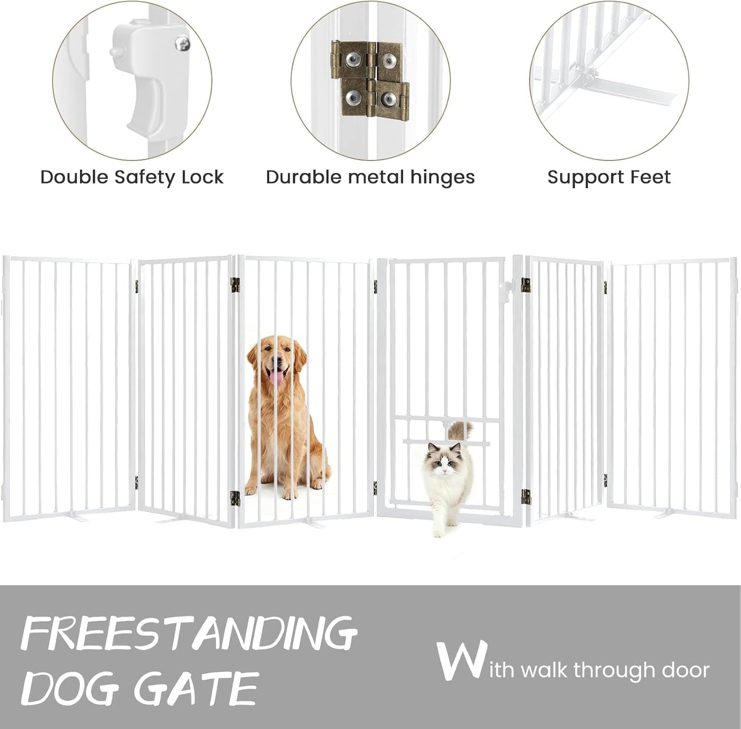 Metal Freestanding Dog Gate with Cat Door for Outdoor Indoor,80" Extra Wide Foldable Pet Fence,30" Tall Dog Gate for Large Opening,Stairs,Hallways,Doorways,Deck,Yard,with 3PCS Support(4 Panels,Black)