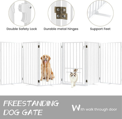 Metal Freestanding Dog Gate with Cat Door for Outdoor Indoor,80" Extra Wide Foldable Pet Fence,30" Tall Dog Gate for Large Opening,Stairs,Hallways,Doorways,Deck,Yard,with 3PCS Support(4 Panels,Black)