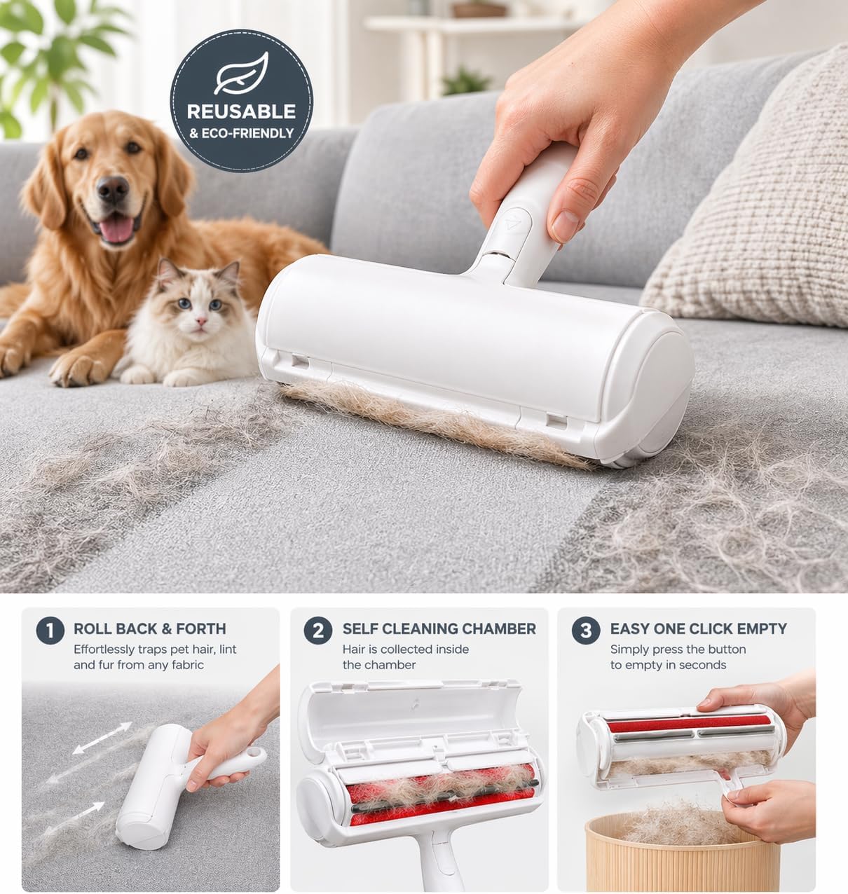 Reusable Pet Hair Remover Roller for Dogs & Cats, Self Cleaning Lint Roller, No Refills Needed for Couch, Furniture, Carpet, Clothes & Car