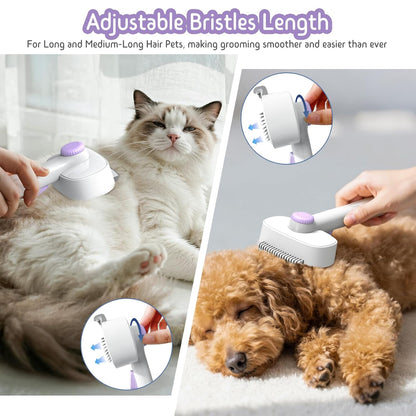 Dog & Cat Brush for Shedding, Self Cleaning Deshedding Brush with Adjustable Bristle Length & Dematting Comb, Skin Friendly Grooming Tool for Long & Medium-Long Hair Pets
