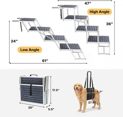 Veehoo Extra Wide Dog Steps for Car SUV Truck Foldable, 4 Steps Portable Aluminum Dog Stairs for Injured Senior Large Dogs 20" Wide, Heavy Duty Pet Ramp Ladder with Non Slip Surface, up to 170lbs