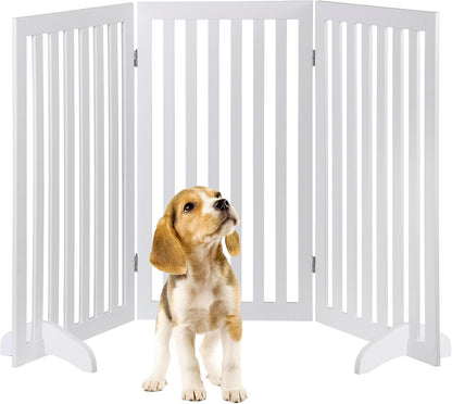 Freestanding Dog Door Indoor Folding Puppy Gate for Doorways Stairs 4-Panel Wood Pet Safe Barrier Fence for Hallways, Gray