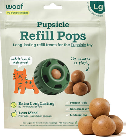WOOF Pupsicle Refill Pops - Low-Mess Dog Snacks - with Peanut Butter and Beef - Dog Treats - Long Lasting - Large Pops - 7 Count