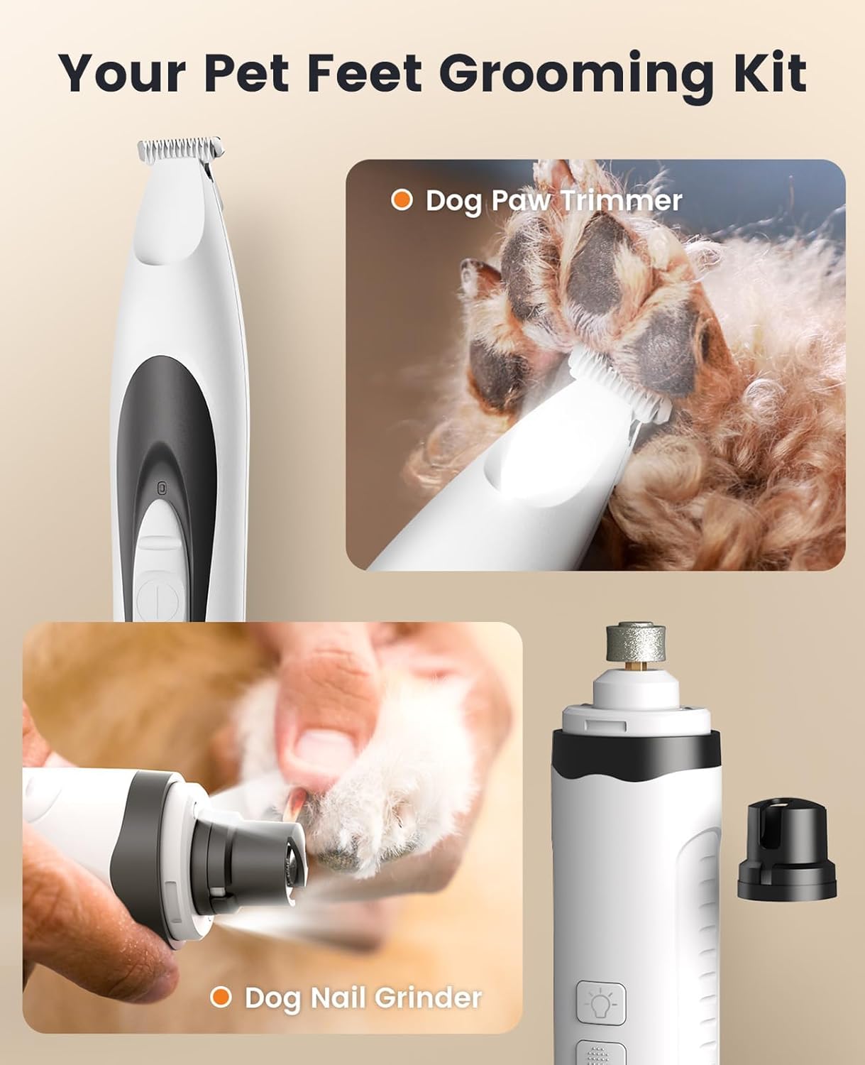 oneisall Dog Nail Grinder and Paw Trimmer Kit 3 in 1 Quiet Rechargeable Electric Pet Nail Grinder with 2 LED Lights and Cordless Dog Grooming Safe Clippers
