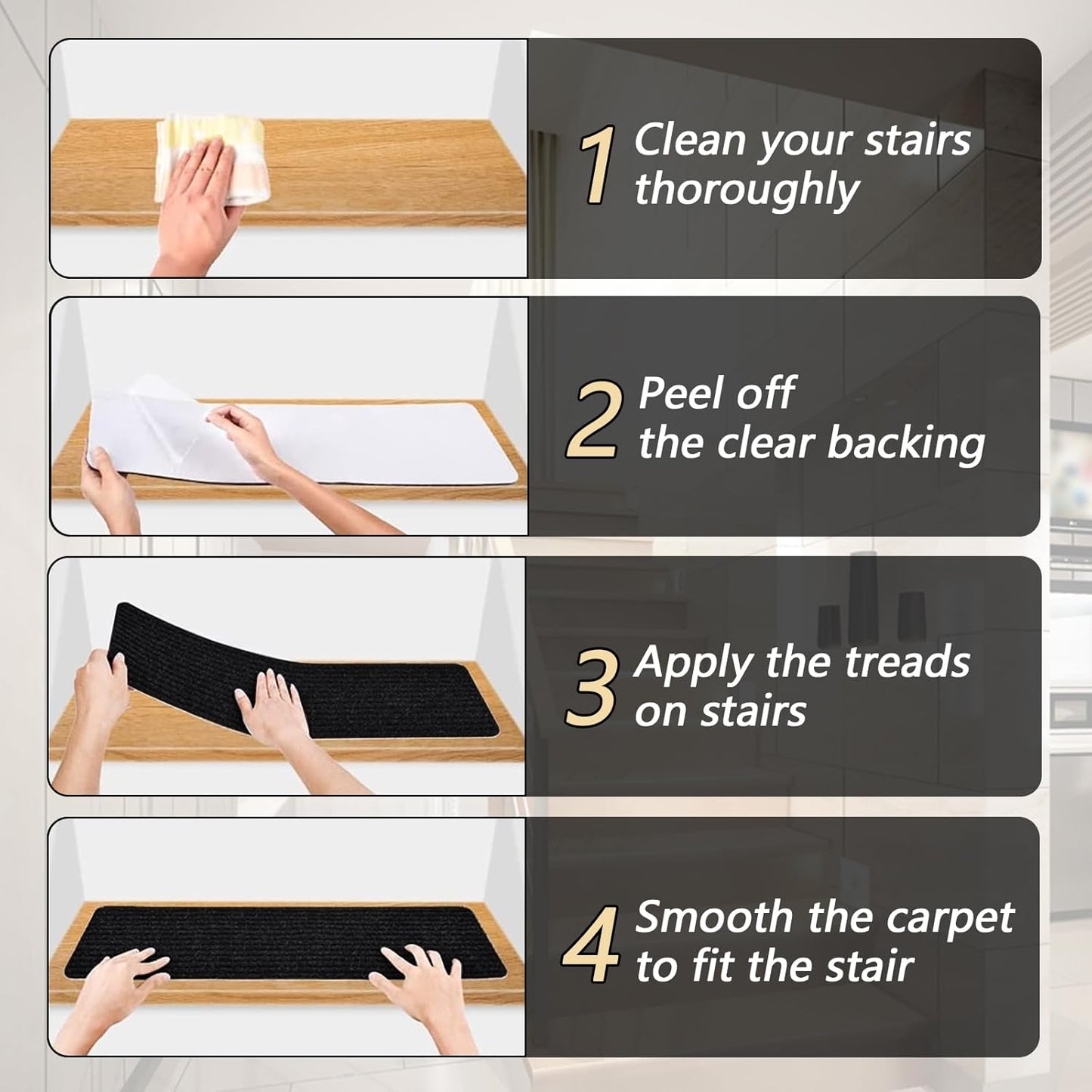 Stair Treads for Wooden Steps Carpet, Non-Slip Stair Runner Indoor Outdoor Stair Tread Mats Covers Pads, 19" x 31"Matching Landing Step Runner for Elders, Kids and Dogs (19" x 31", Black)