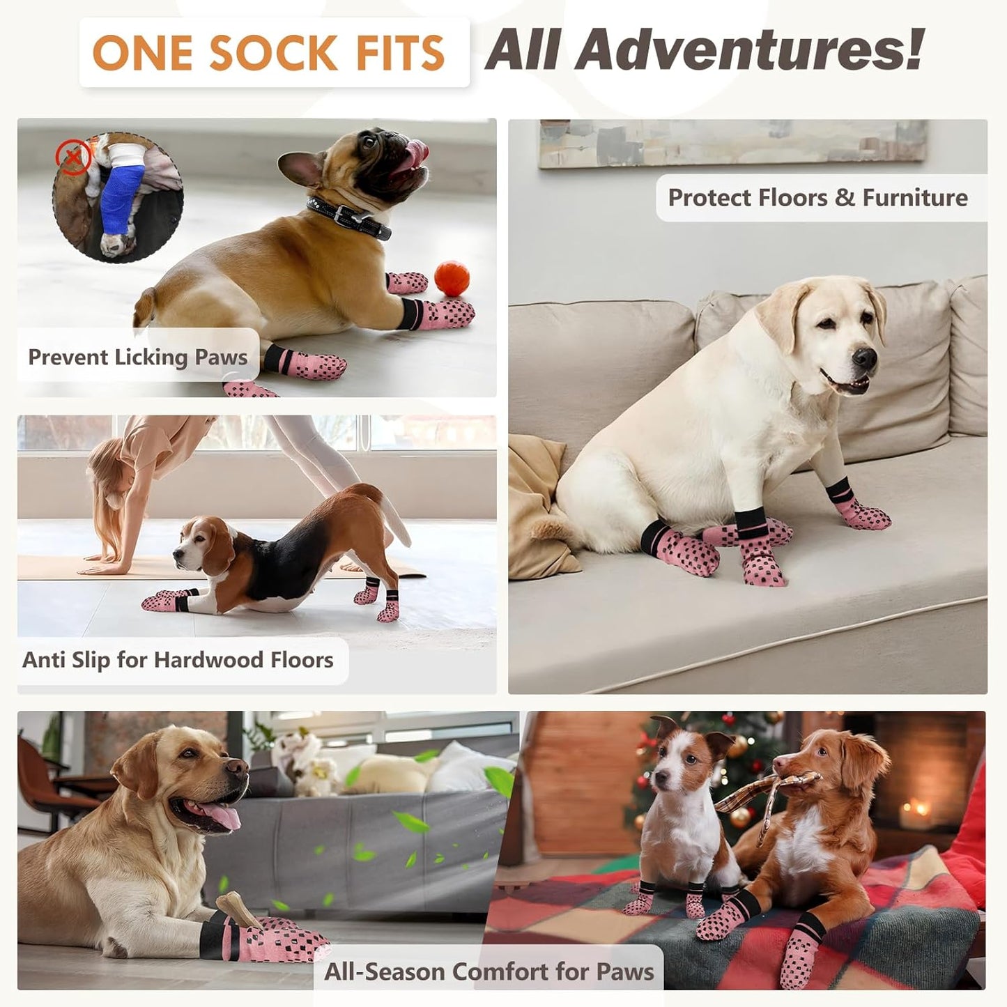 Anti Slip Dog Socks to Prevent Licking Paws, Dog Shoes for Hot/Cold Pavement, Dog Boots on Hardwood Floors, Traction Control Dog Booties & Paw Protectors for Small Medium Large Senior Dogs