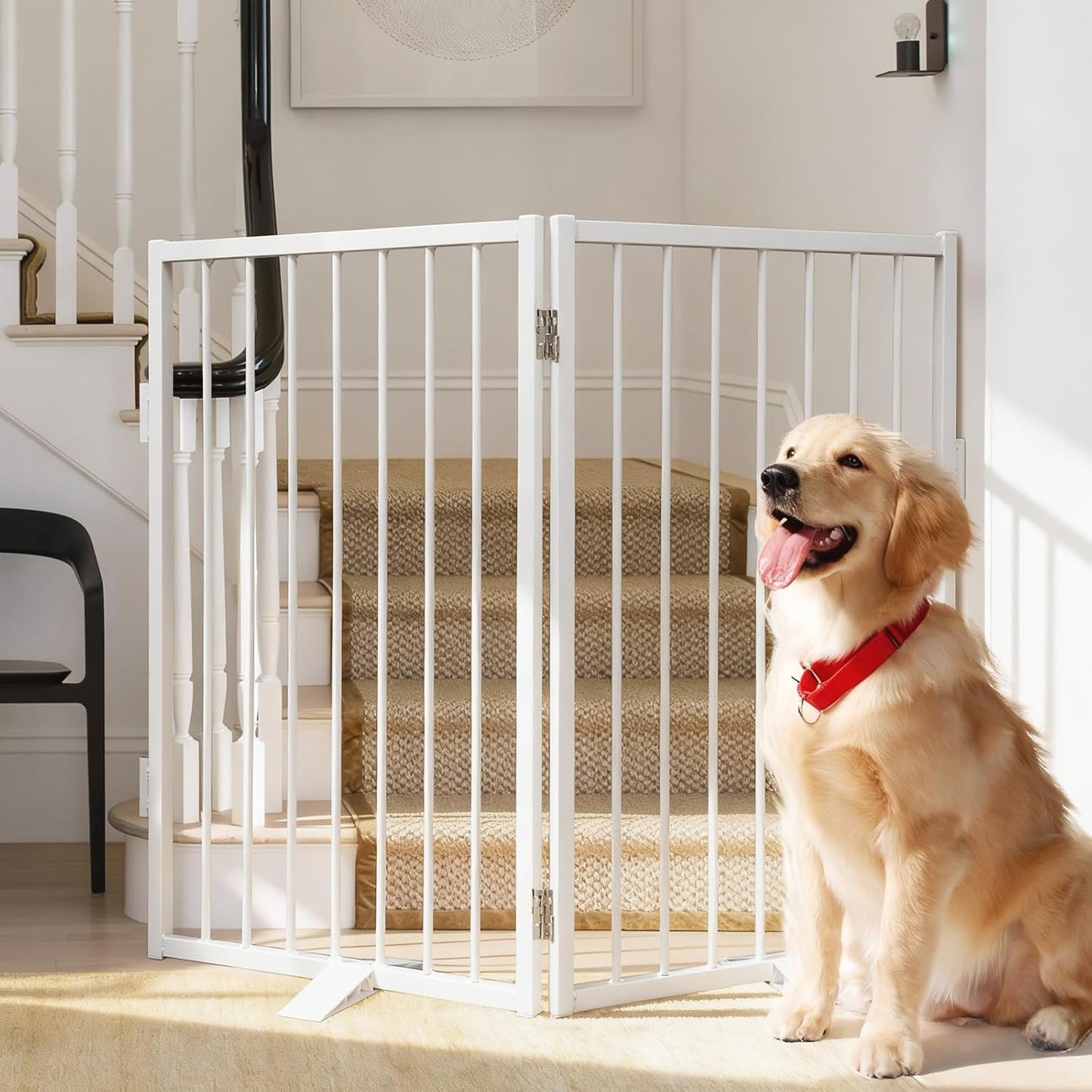 Snagle Paw Full Metal Freestanding Dog Gate,Indoor Dog Gate with Floor Protect Support Feet, 40x24 Inches Foldable Dogs Barrier for Stairs, Hallways and Doorways (24'' H 2 Panel, White