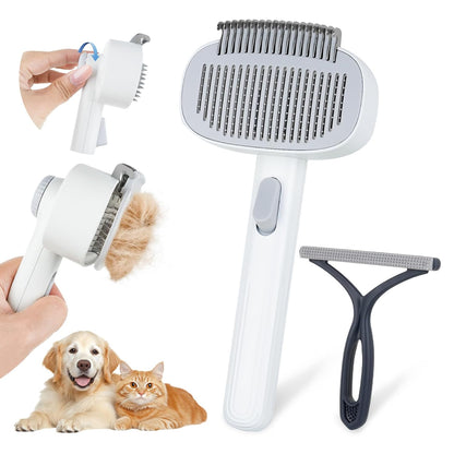 2-IN-1 Pet Self-Deshedding and Grooming Brush, Dogs and Cats Brush with Undercoat Rake & Adjustable Bristle Length Comb, One-Click Hair Removal for Matted Fur Tangles Removal Long and Short Hair Pets