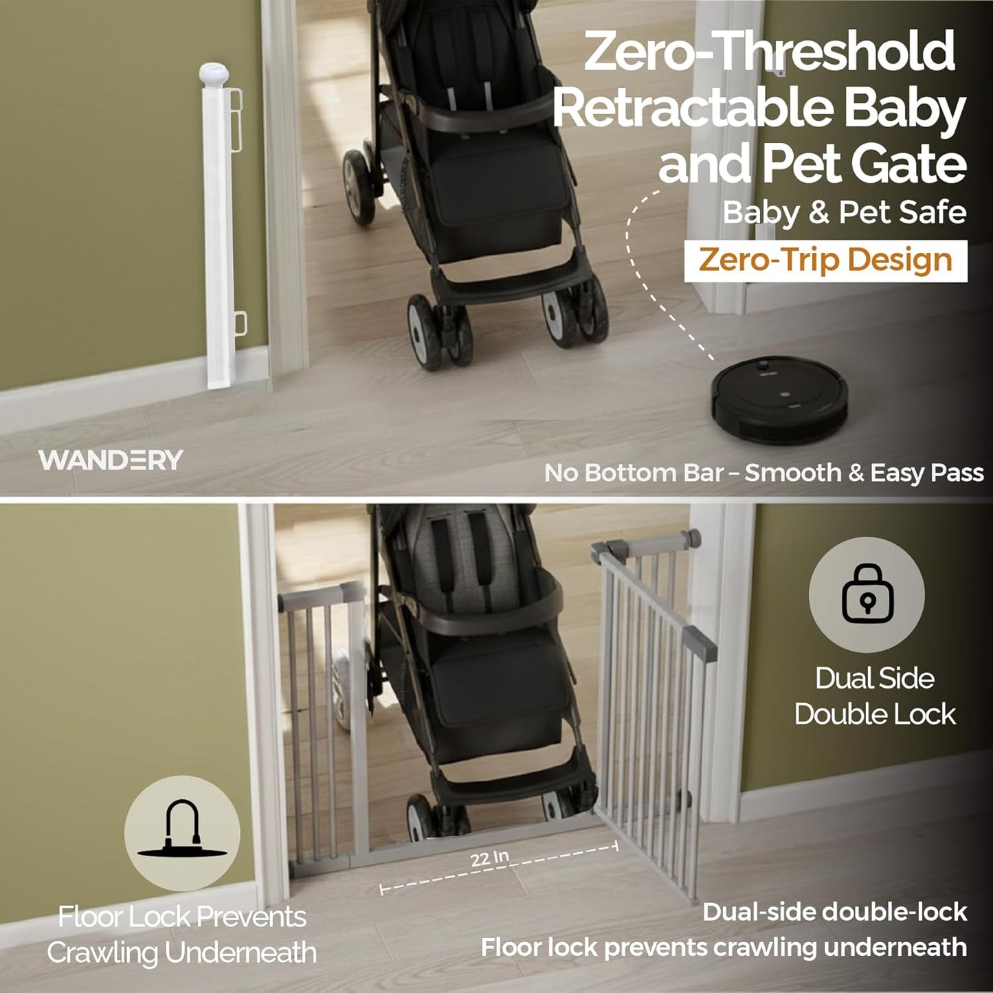 Retractable Baby Gate - 118" Extra Wide Mesh Dog Gate with Support Rods - 34" Tall for Stairs, Doorways, Hallways - Drill or No-Drill - Pet & Cat Gate - Outdoor/Indoor (Black, 9.84 ft)