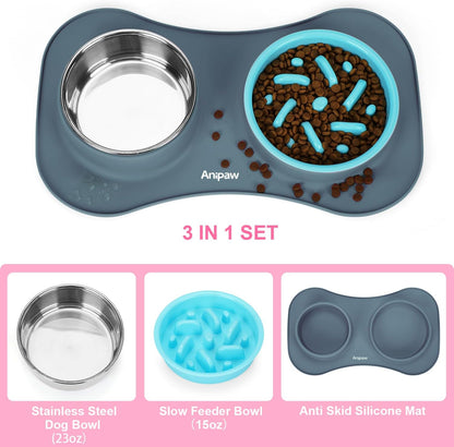 Anipaw Slow Feeder Dog Bowls 3 in 1 Stainless Steel Food and Water Bowls with Non-Spill and Skid Silicone Mat to Slow Down Eating for Large Medium Small Breed Size Dogs and Cats