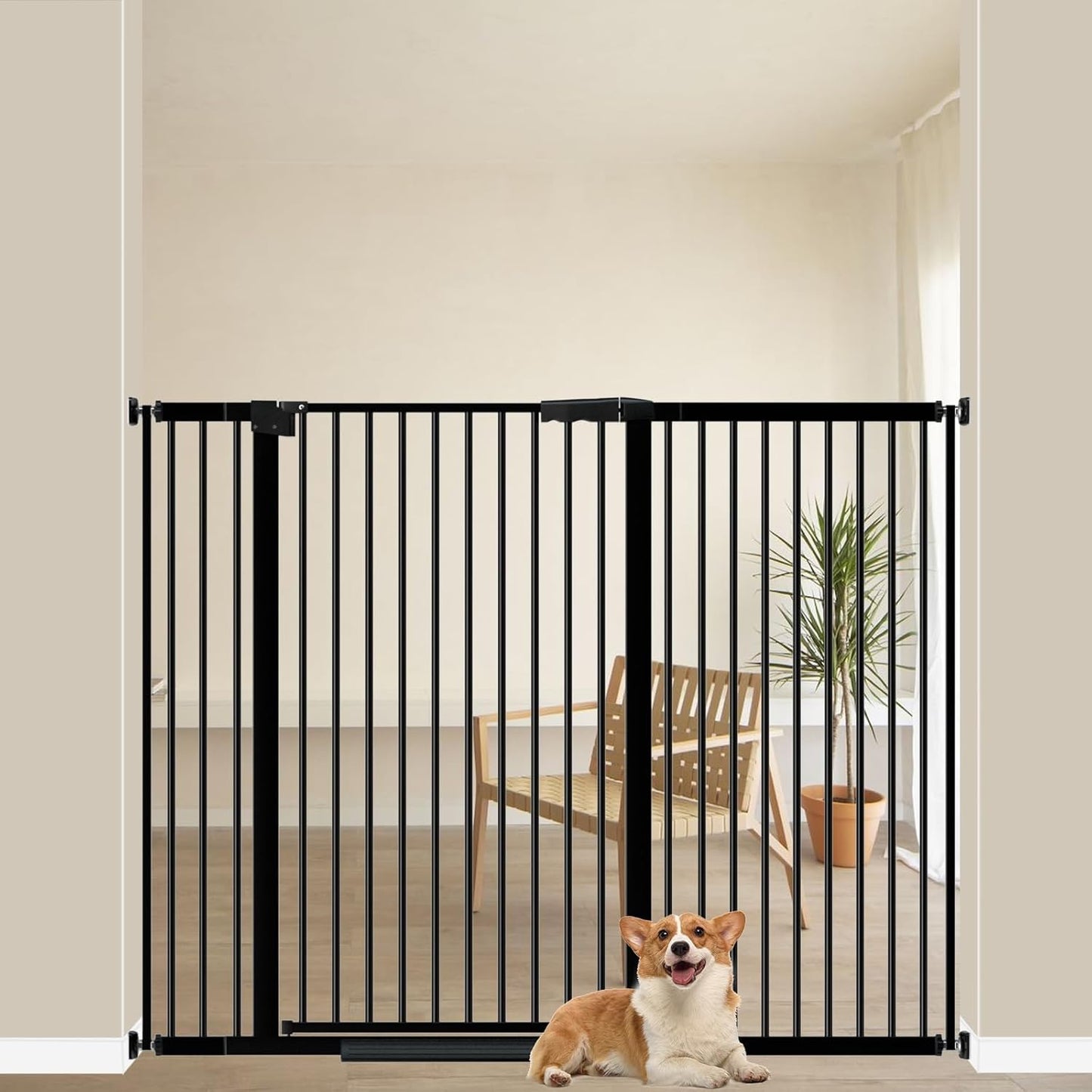 WAOWAO 40.55" Extra Tall 1.37" Ultra Narrow Spacing 53.74-61.61" Extra Wide Dogs Pets Baby Gate Safety Indoor Puppy Pressure Mounted Gate No Drill Black Metal for Stairs,Doorways,Kitchen,Hallway