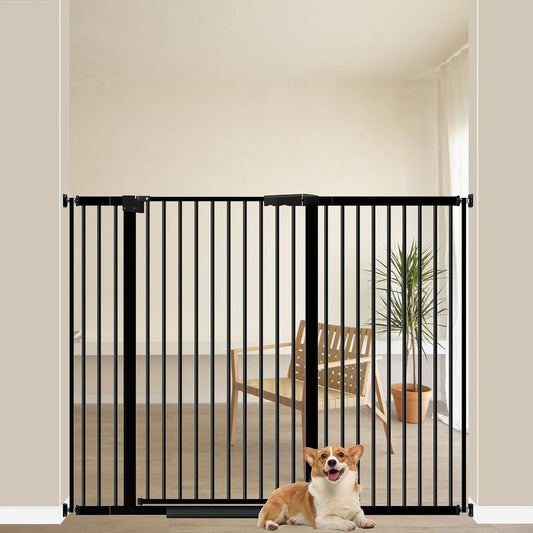 WAOWAO 40.55" Extra Tall 1.37" Ultra Narrow Spacing 53.74-61.61" Extra Wide Dogs Pets Baby Gate Safety Indoor Puppy Pressure Mounted Gate No Drill Black Metal for Stairs,Doorways,Kitchen,Hallway
