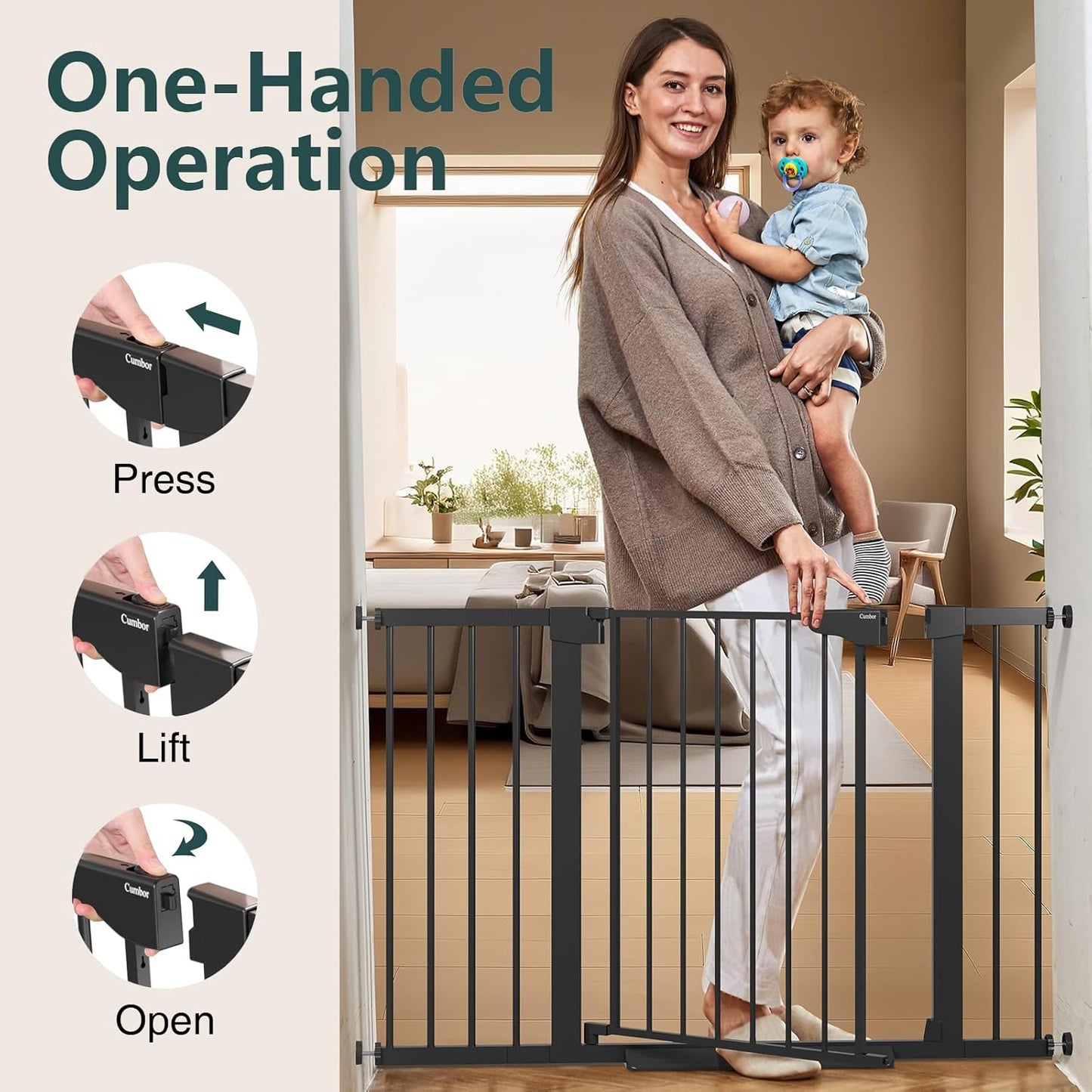 Cumbor 36.6-64" Extra Wide Baby Gate for Stairs, Dog Gates for Doorways, Auto-Close Pet Gate Indoor, Pressure Mounted Walk Through Safety Child Gate for Kids Toddler, Tall Pet Puppy Fence Gate, Brown
