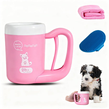Medium Pet Paw Cleaner Cup - Easy Press Design Dog Foot Washer with Soft Massage Brush & Absorbent Towel - Reusable Durable Paw Cleaning Cup for Dogs Cats, Easy to Clean Handheld Bath Tool