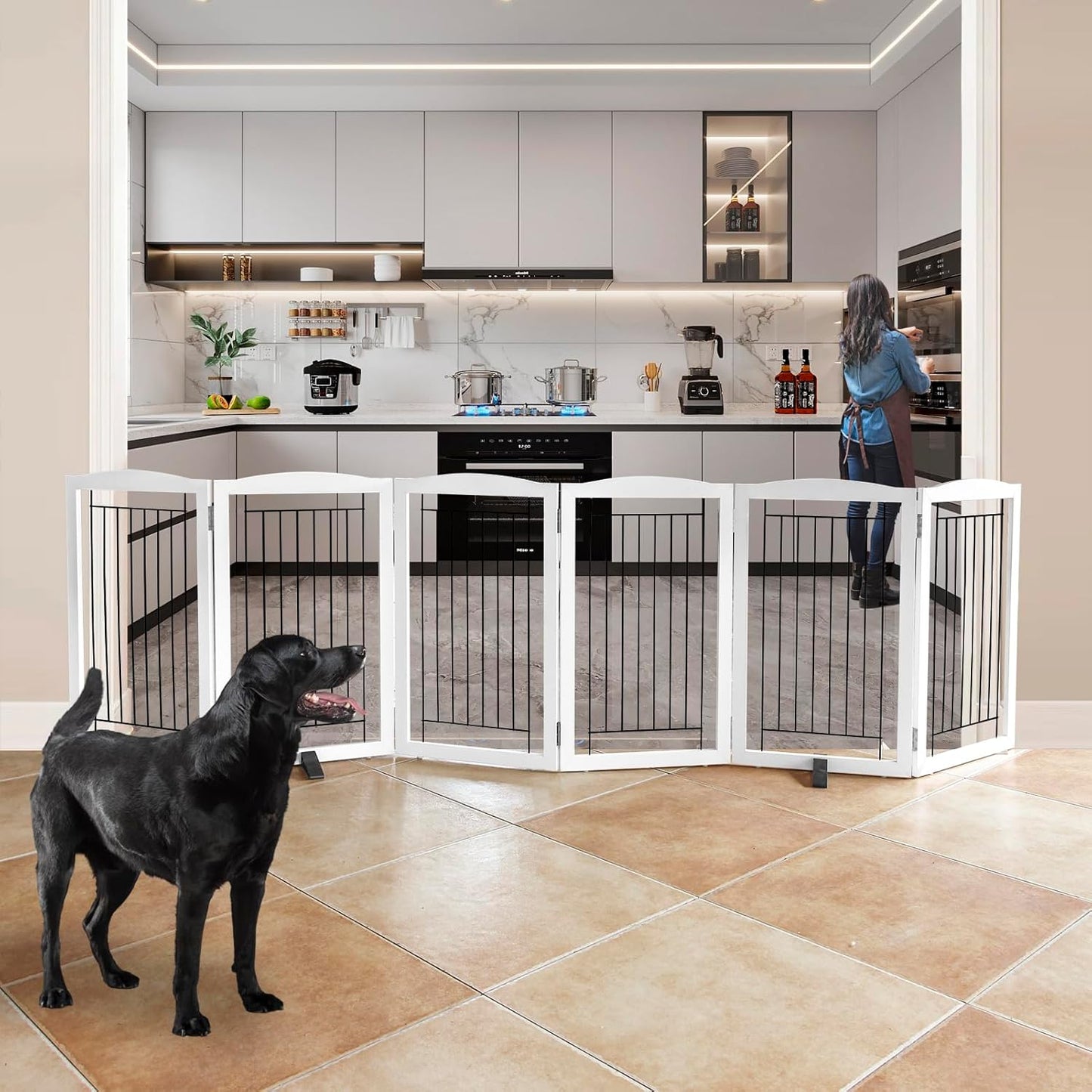 ZJSF Freestanding Dog Fence Indoor, Foldable Dog Gate for Doorways, Stairs or Hallways, Sturdy Wood Extra Wide Pet Gate with Support Feet for The House, White, 24 "Height-3 Panels