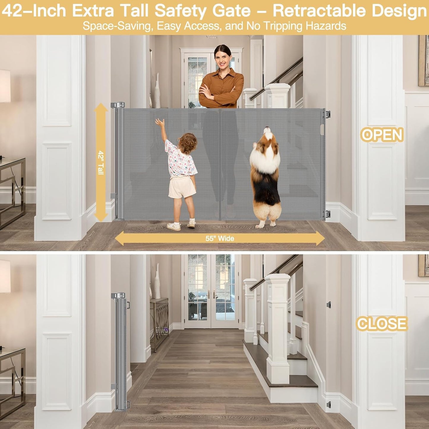 Reinforced 42" Tall Retractable Dog Gate, 155" Extra Long Retractable Baby Gate with Support Rods - Prevent Crawling Under, Indoor/Outdoor Retractable Gate Extra Tall Baby Gate Retractable Fence/Black