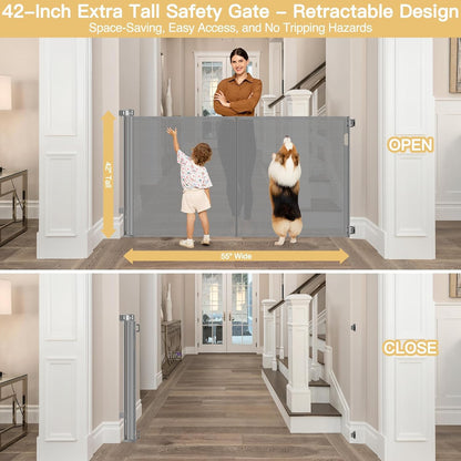Reinforced 42" Tall Retractable Dog Gate, 155" Extra Long Retractable Baby Gate with Support Rods - Prevent Crawling Under, Indoor/Outdoor Retractable Gate Extra Tall Baby Gate Retractable Fence/Black